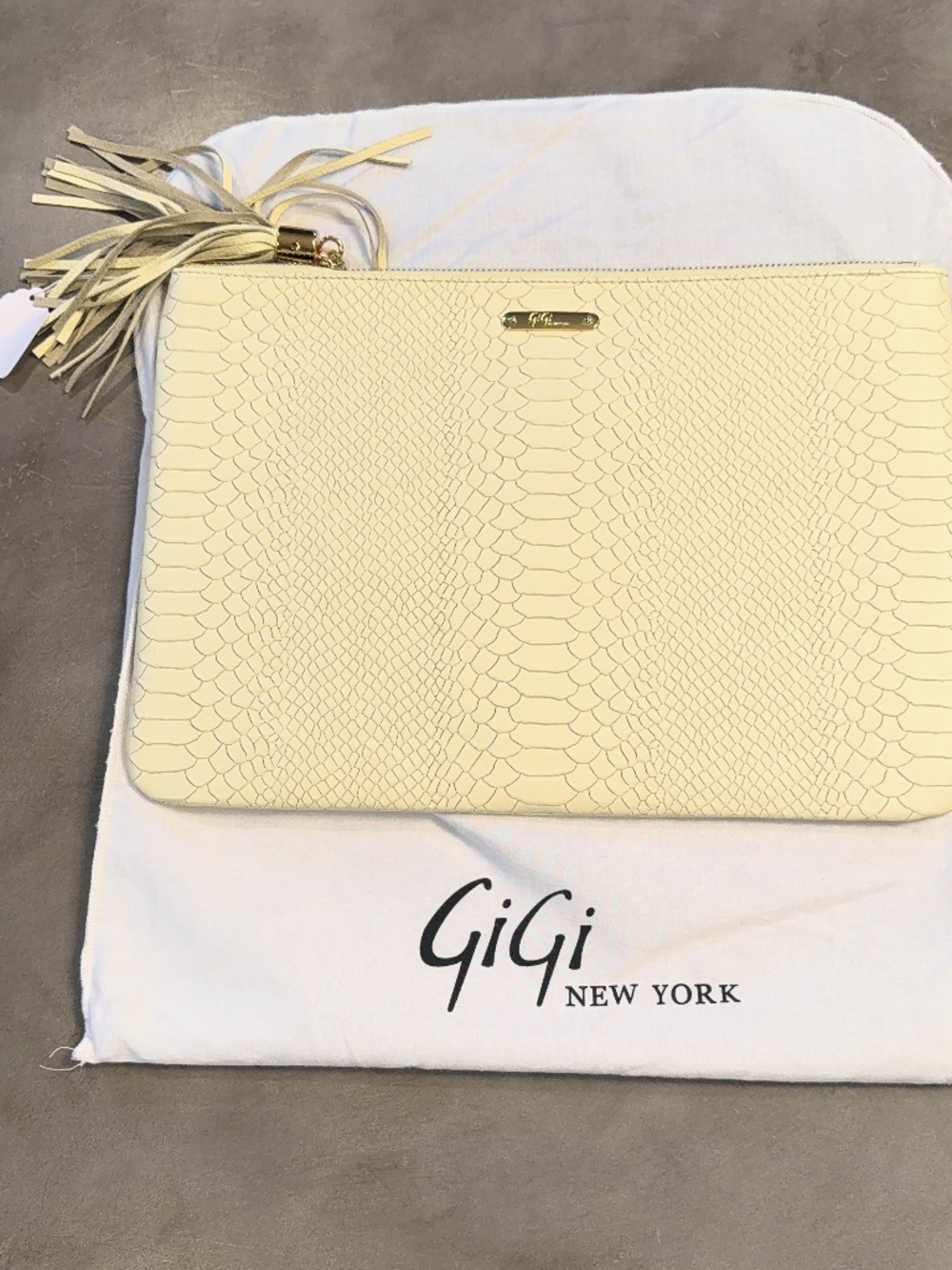 GiGi New York Embossed Python Leather Clutch Warm Cream Yellow Tassel NWOT